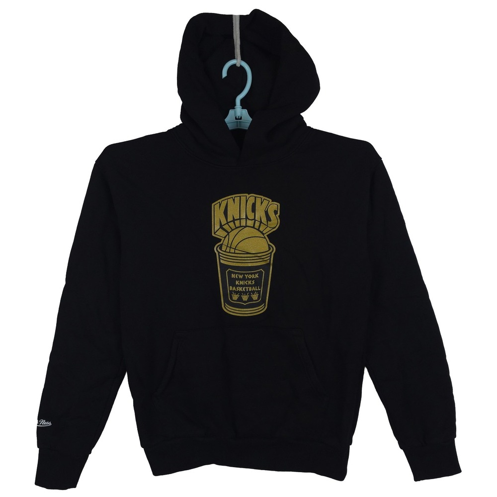 NY Knicks Mitchell & Ness NBA Small Hoodie Coffee Gold Logo Art Black NWT